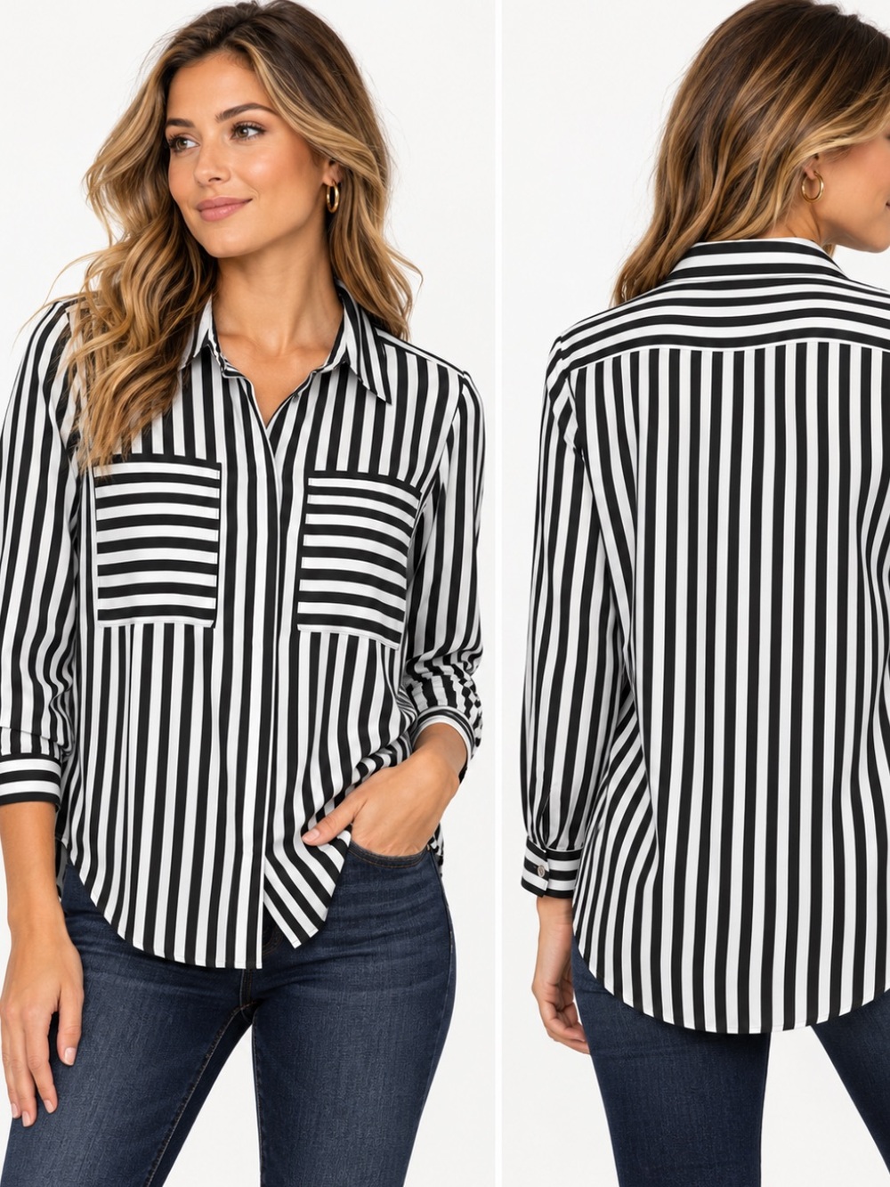 Sans Souci Black White Mixed Stripe Button Down Blouse Large